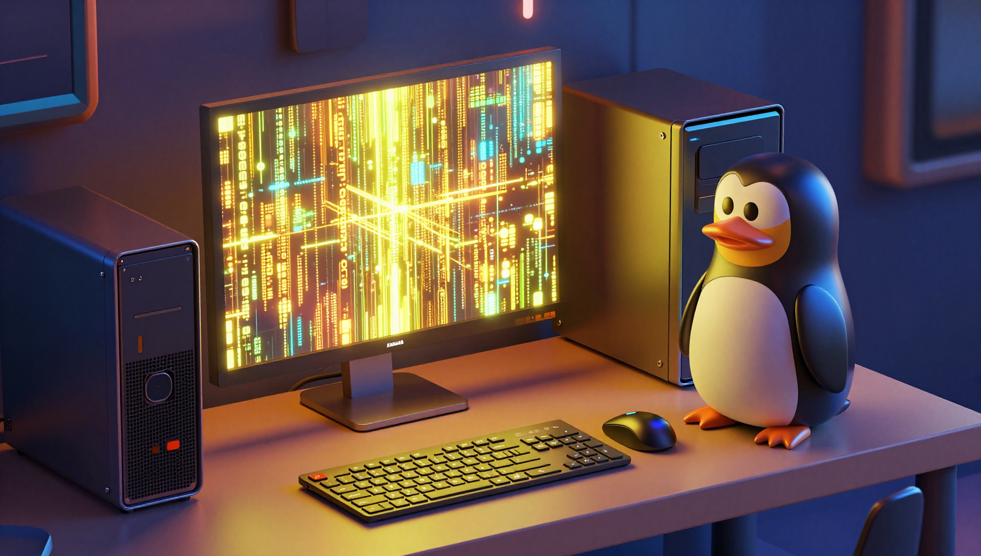 Linux PC with Tux Penguin